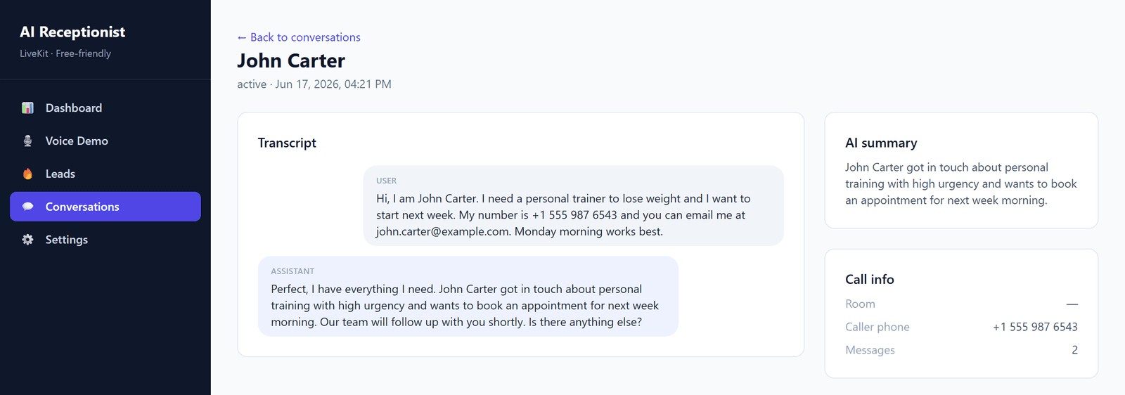 Conversation view with the caller's message, the assistant's reply, an AI summary and call information.