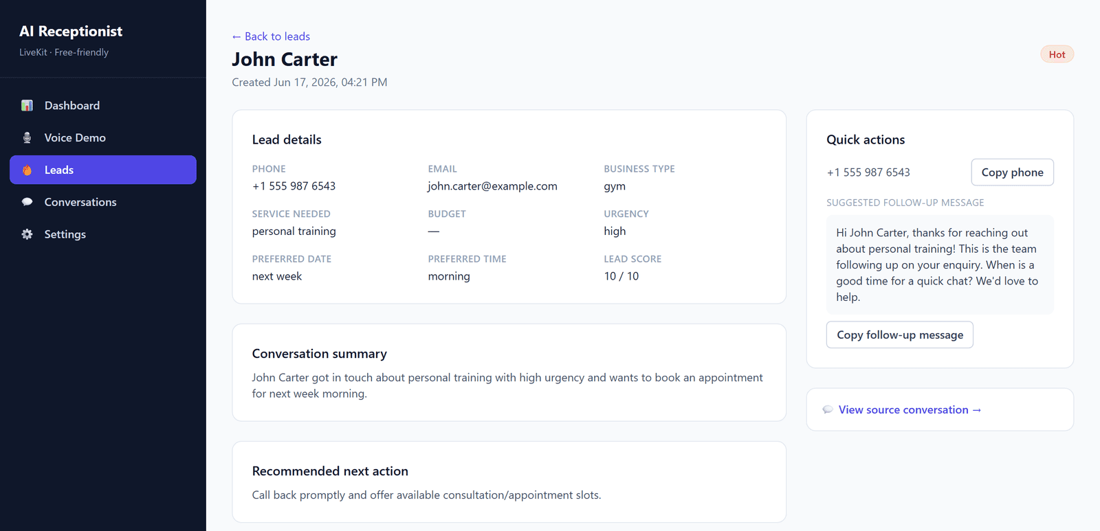 Lead detail page in the receptionist dashboard showing a hot lead for personal training: contact details, urgency high, lead score 10 out of 10, a conversation summary, a recommended next action and a suggested follow-up message.